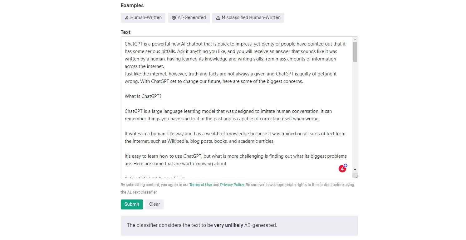 gpt classifier tool testing human written text