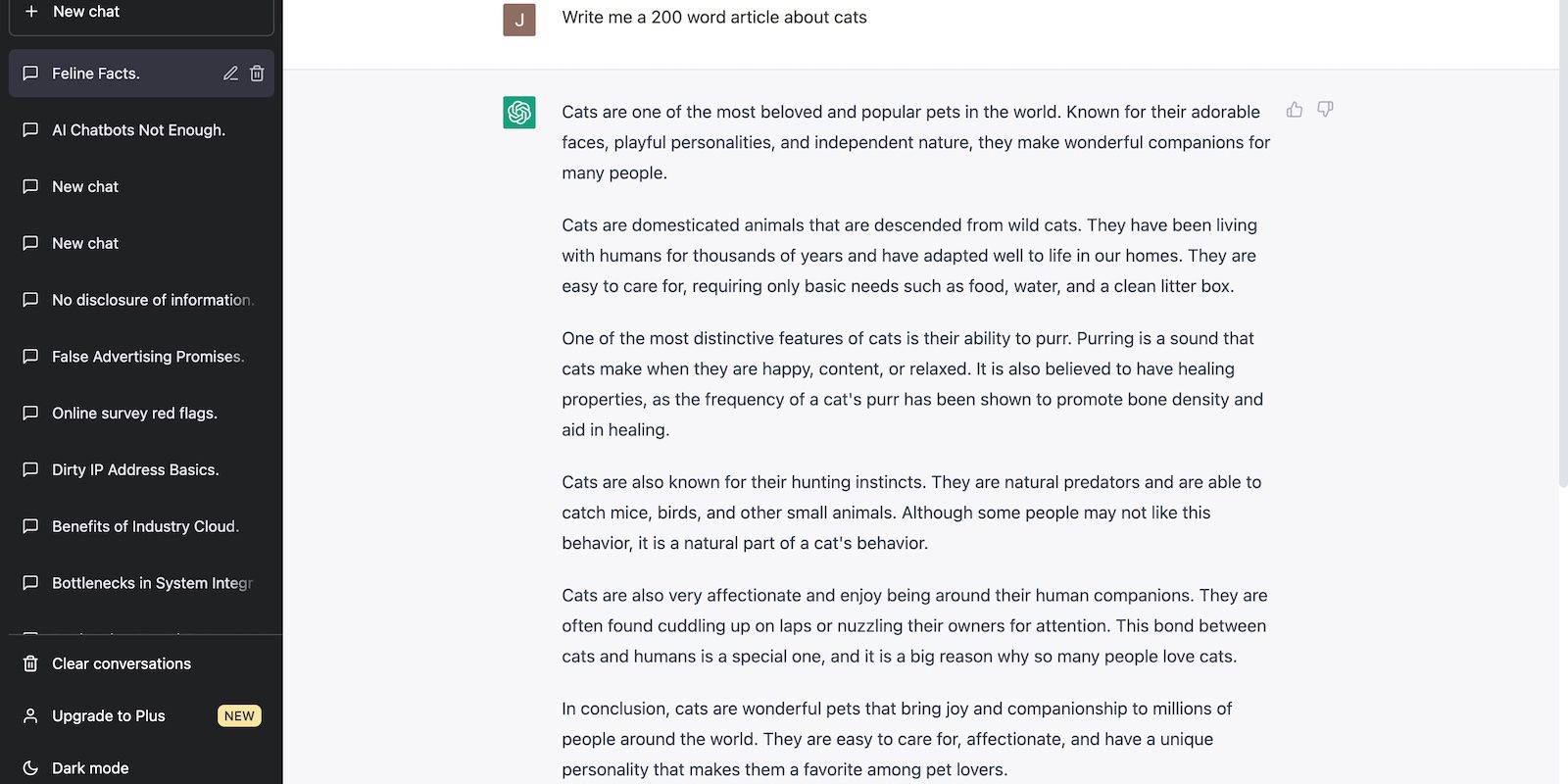 ChatGPT Generated a 200-Word Article on Cats