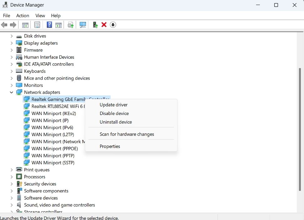 Network update driver option of Device Manager