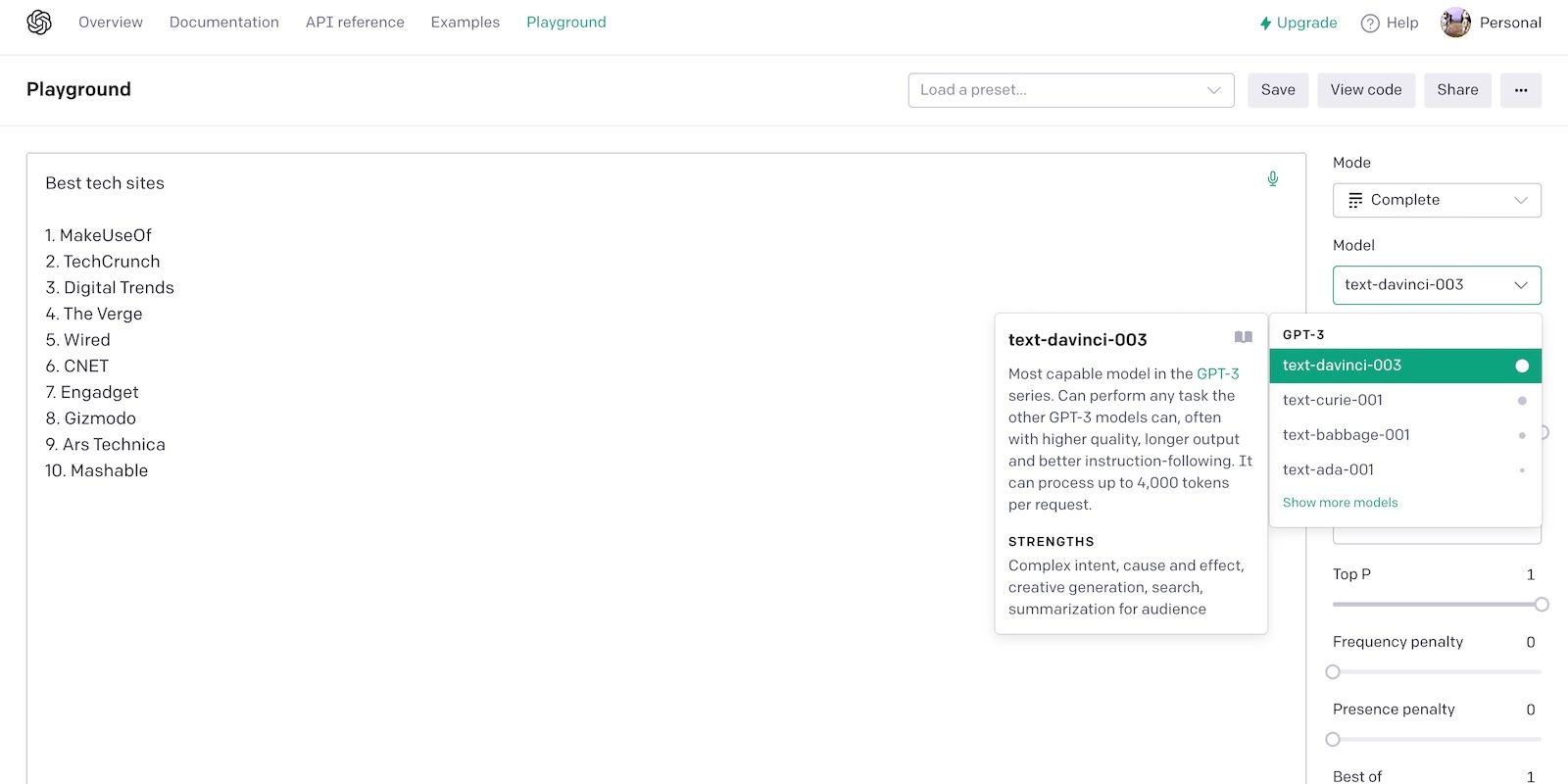 在OpenAI Playground上生成结果的不同GPT-3设置