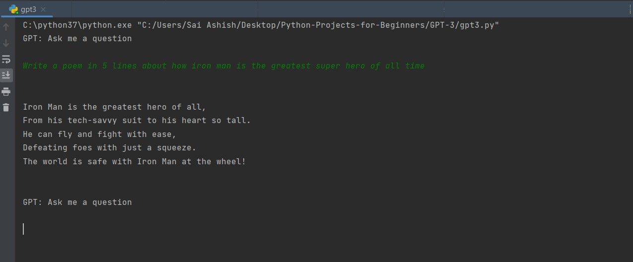 Output of using GPT3 with Python