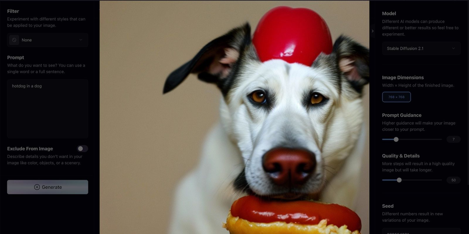 在Playground AI上生成一张狗吃热狗的照片