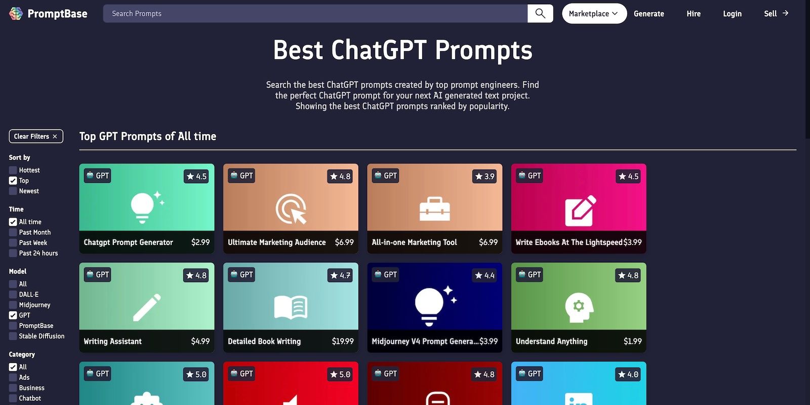 在Promptbase市场上搜索AI提示
