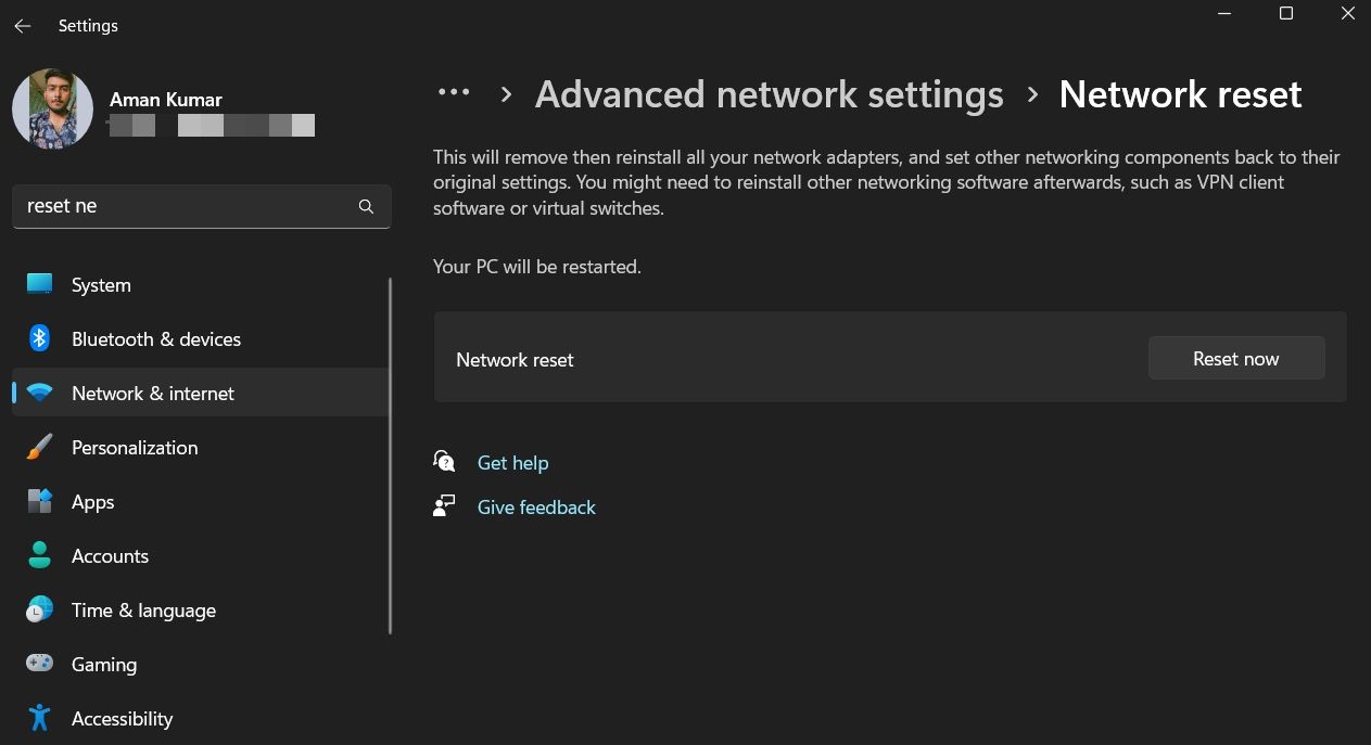 Reset now button in the Settings app