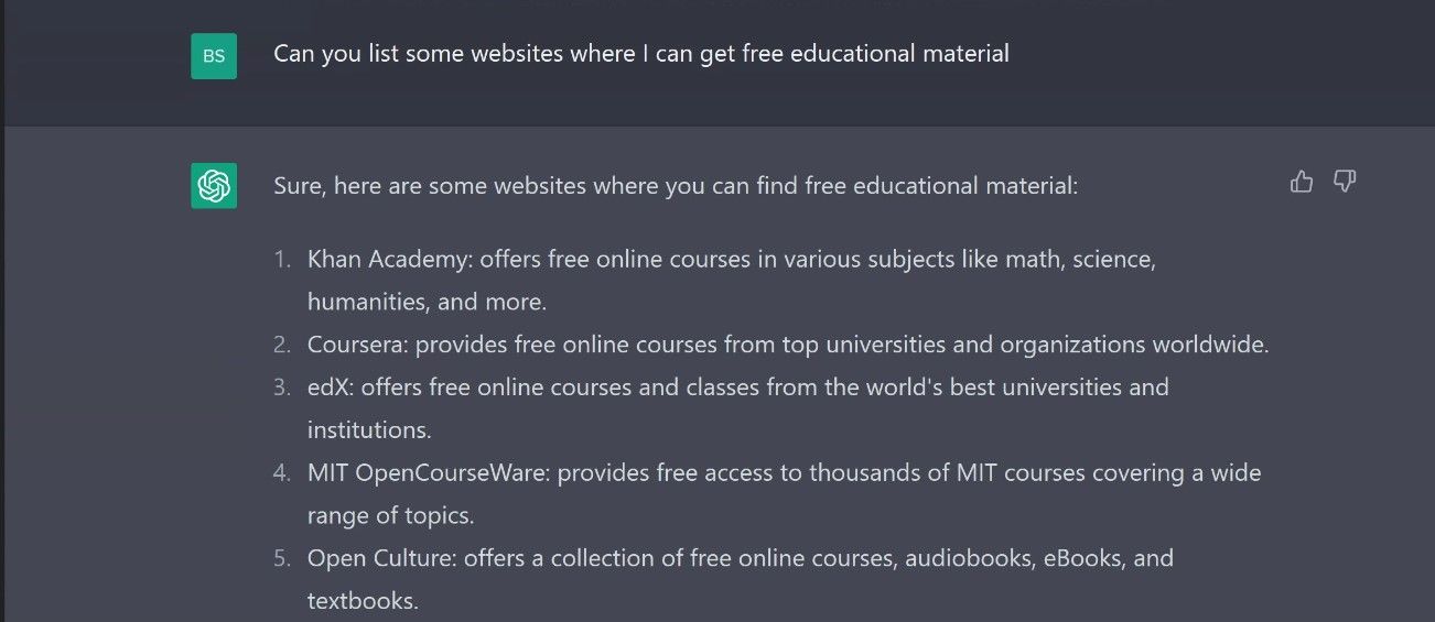 Screenshot of ChatGPT list of educational websites
