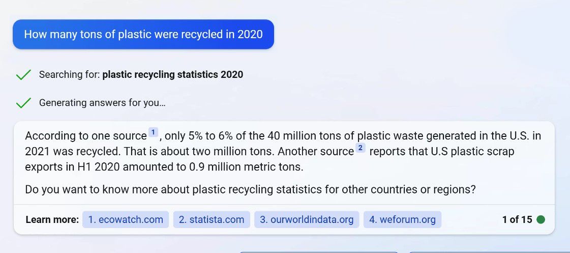Screenshot of Plastic Recycling Stats from Bing Chat