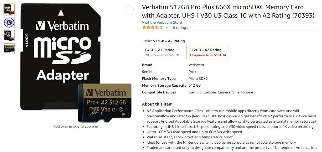 真正的Verbatim 512GB microSD卡列表